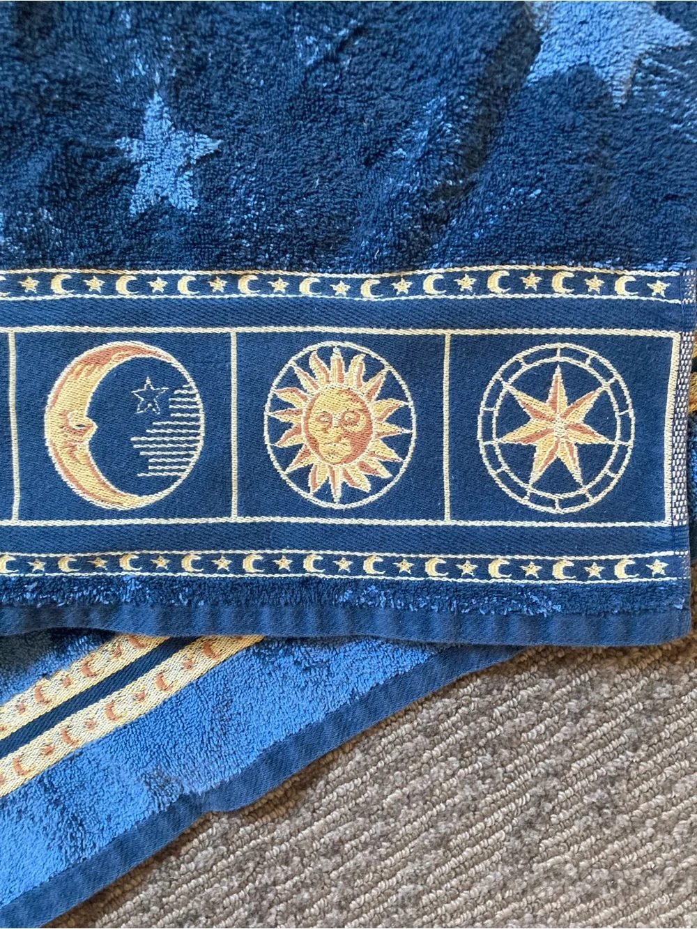Vtg 90s Springmaid Celestial Bath Towel Navy Blue Sun Moon Stars Y2K Whimsigoth